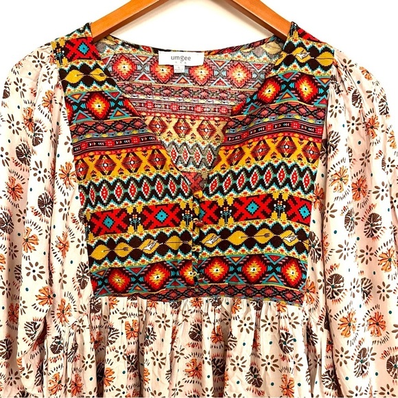 Umgee Bohemian Hippie Multicolored Babydoll Top Size Small - Picture 2 of 8